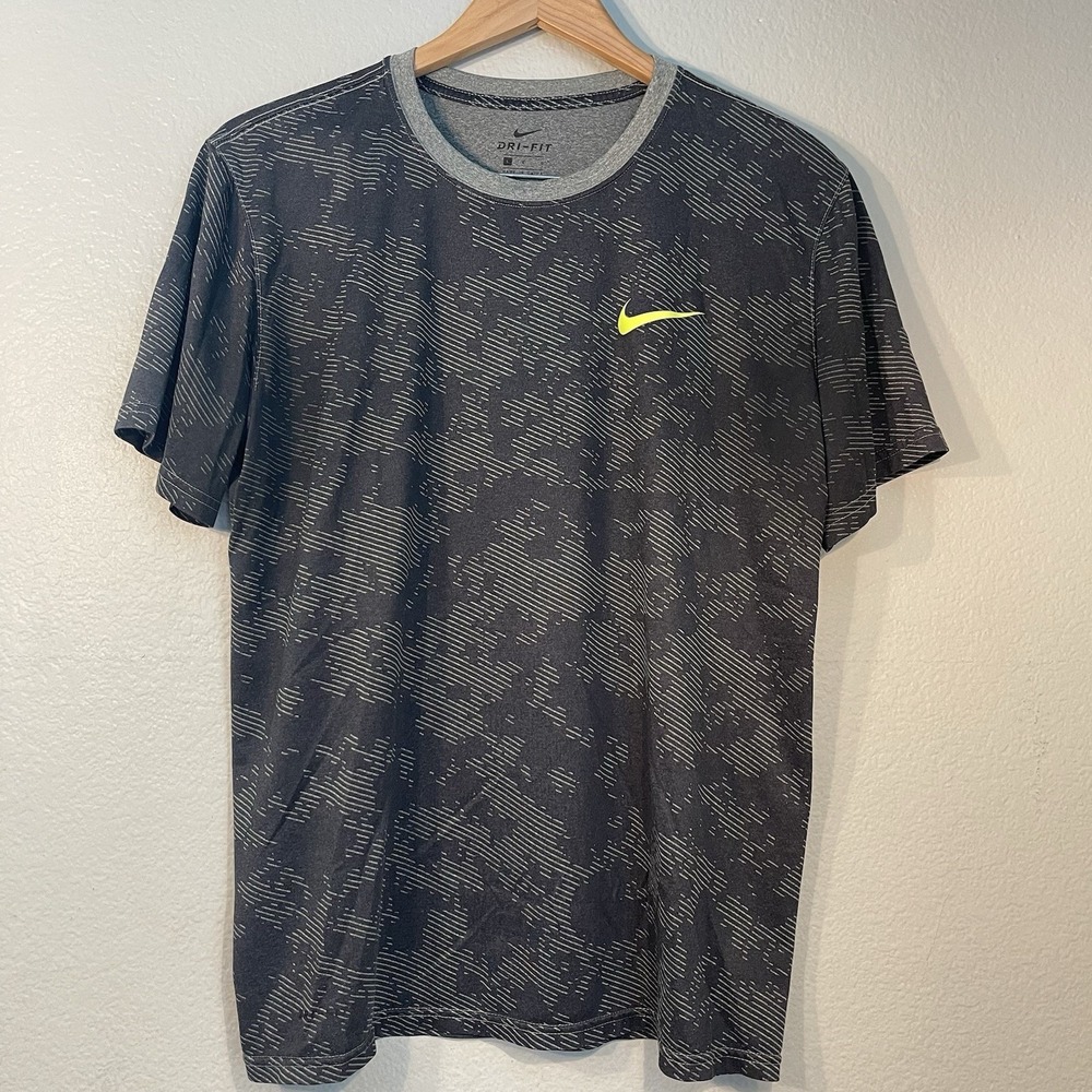 Nike Mens Large Gray Camo T Shirt Dri Fit Short Sleeve Crew Neck Lime Green Logo